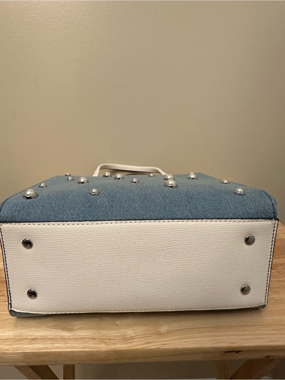 Karl Lagerfeld Denim Pearl-Embellished Satchel with White Handles - Picture 12 of 16